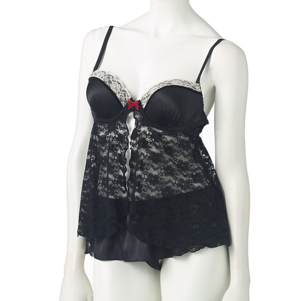 Black w/ Cream Trim Lace Babydoll Lingerie Set with Red Bow